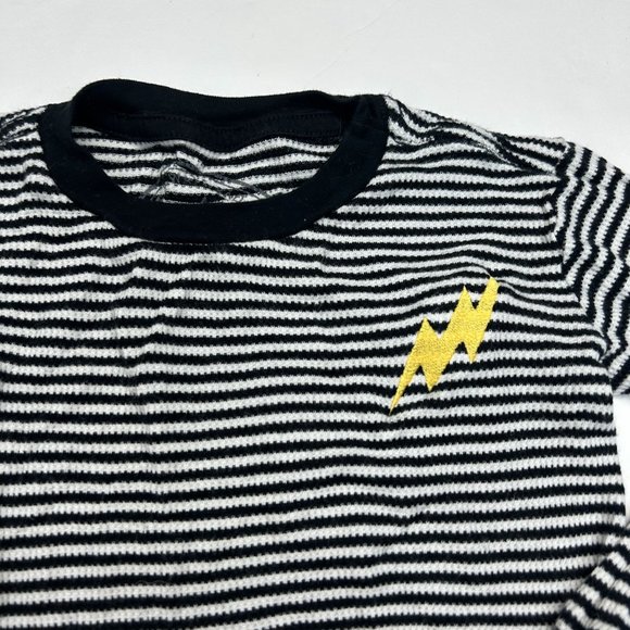 Tiny Whales Striped Lightning Bolt T-Shirt Top 4 4T Kids Black Thermal Waffle - Picture 2 of 3